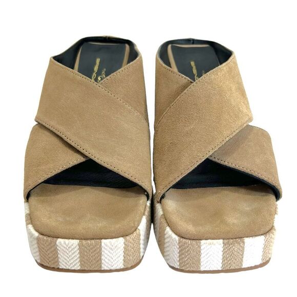 Brenda Zaro Square Toe Tan & White Striped Platform Suede Block Heel Sandals - Picture 12 of 12